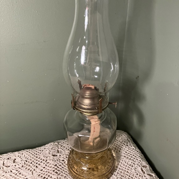 Other - Vintage Pedestal Oil Lamp Clear Glass Chimney Made In Hong Kong 16”